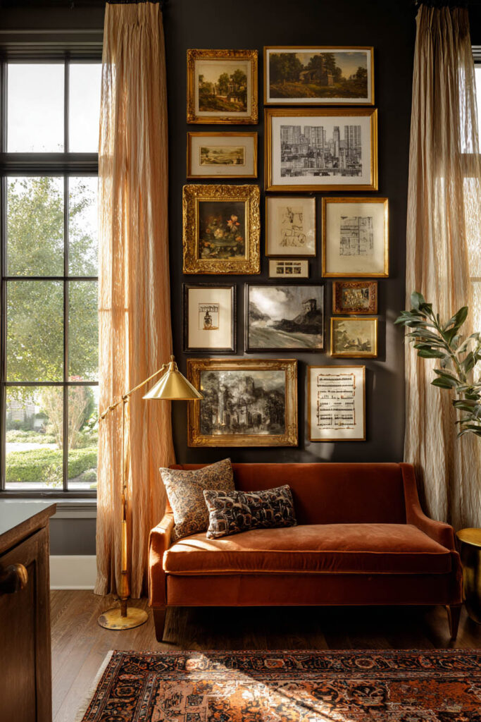 Vintage-inspired living room with dark walls, gold-framed gallery wall, burnt orange velvet sofa, and brass floor lamp.