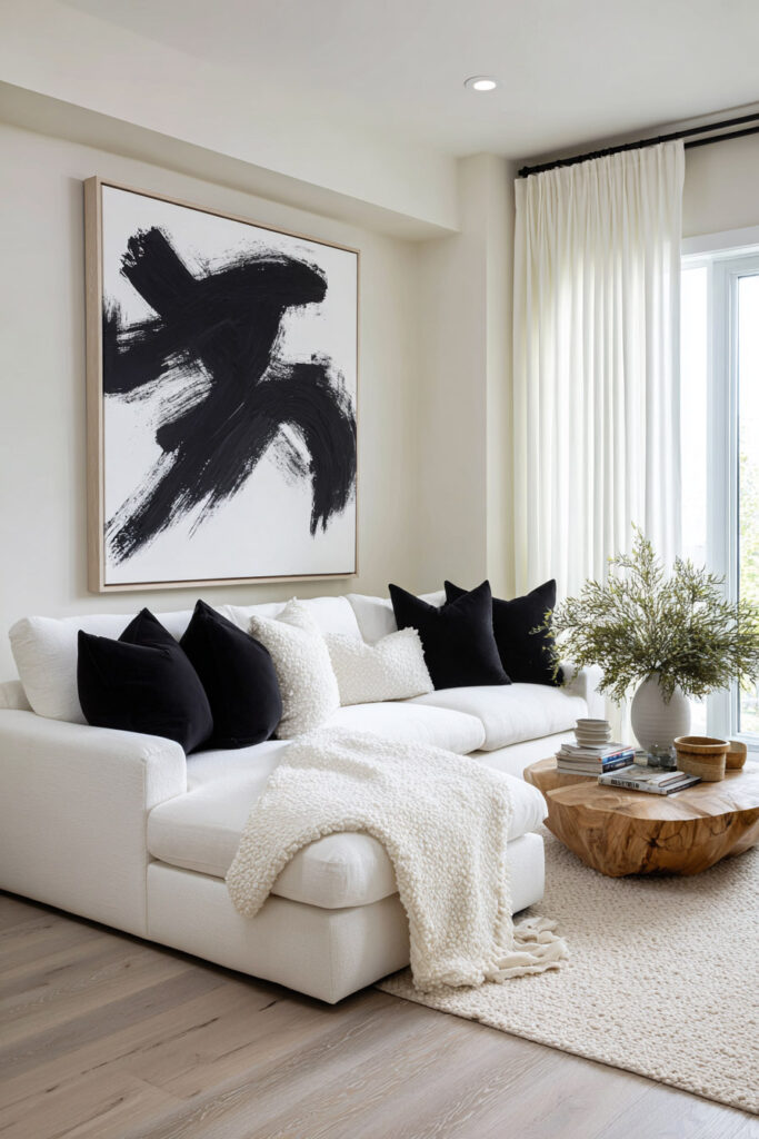 Black and white living room with abstract wall art, white sectional sofa, black throw pillows, textured blanket, wood coffee table, and light neutral rug.