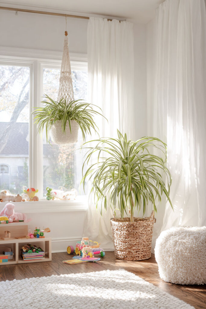 Bright playroom with hanging spider plant, large potted plant in woven basket, white curtains, wooden toys, and natural light creating a cozy, kid-friendly space.