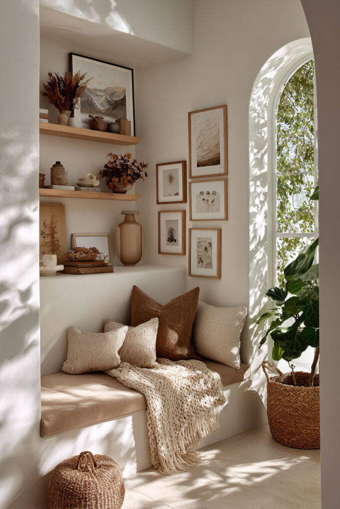 Cozy neutral reading nook with small gallery wall, wood floating shelves, earthy decor, and sunlight streaming through arched window.