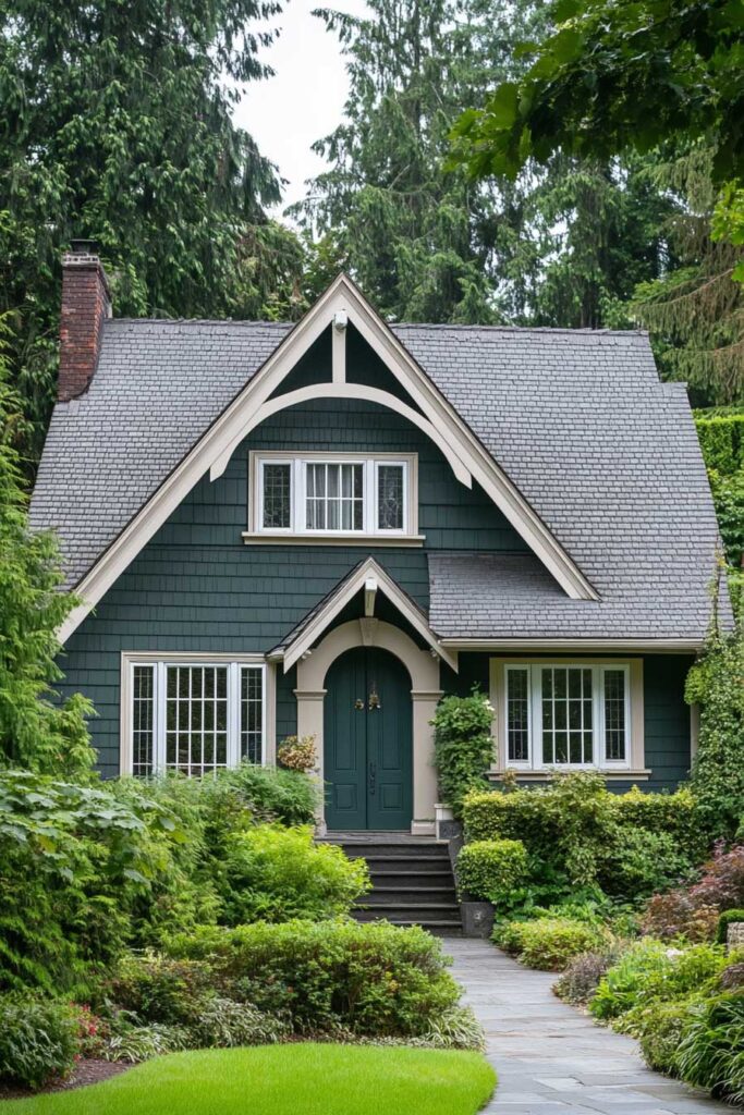 Dark green cottage with white trim, arched front door, steep roofline, and lush garden landscaping surrounded by tall trees.