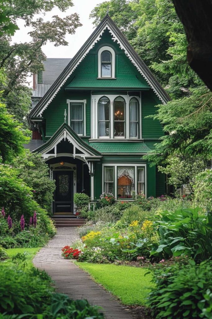 Emerald green Victorian house with white trim, arched windows, and lush garden pathway lined with colorful flowers and greenery.