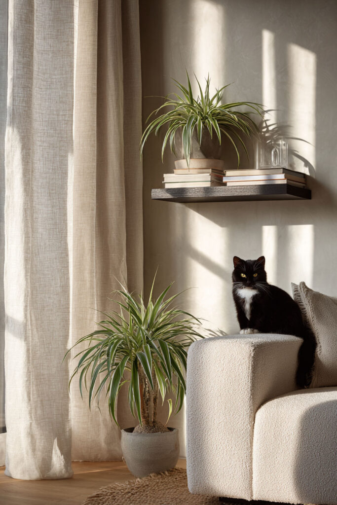 Cozy living room with cat on cream sofa beside spider plants in soft sunlight and neutral decor.