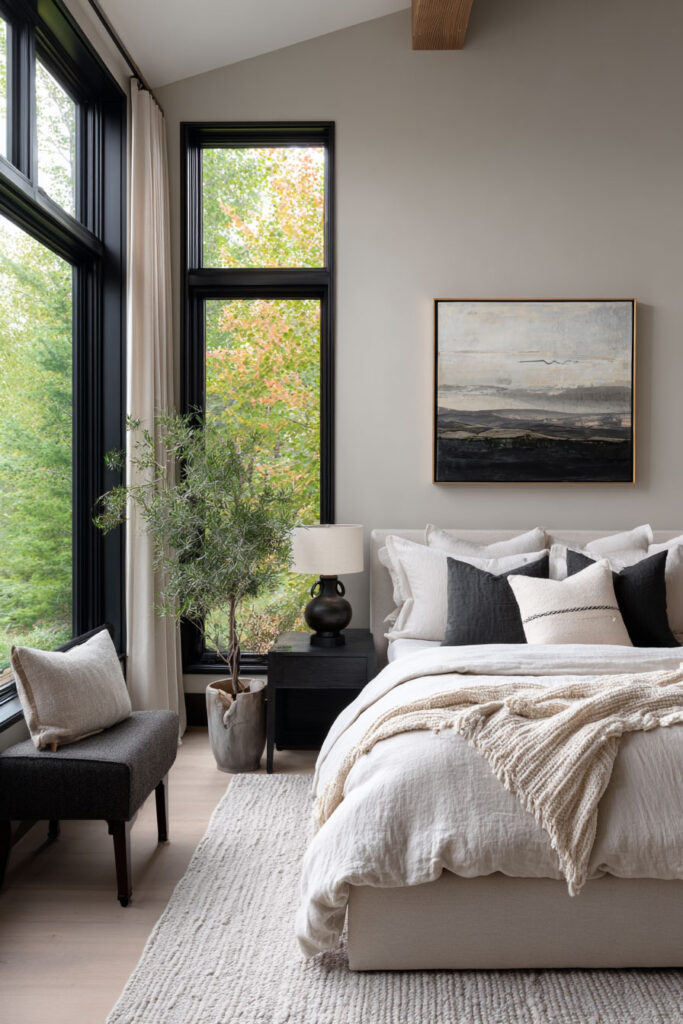 Modern neutral bedroom with black window frames, layered bedding in cream and sage tones, and natural light for a calm, contemporary look.