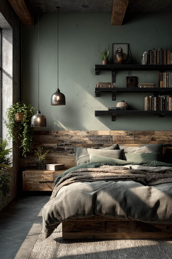 A sage green bedroom featuring a reclaimed wood headboard, black metal shelving, industrial pendant lights, and layered bedding in earthy green and taupe tones.
