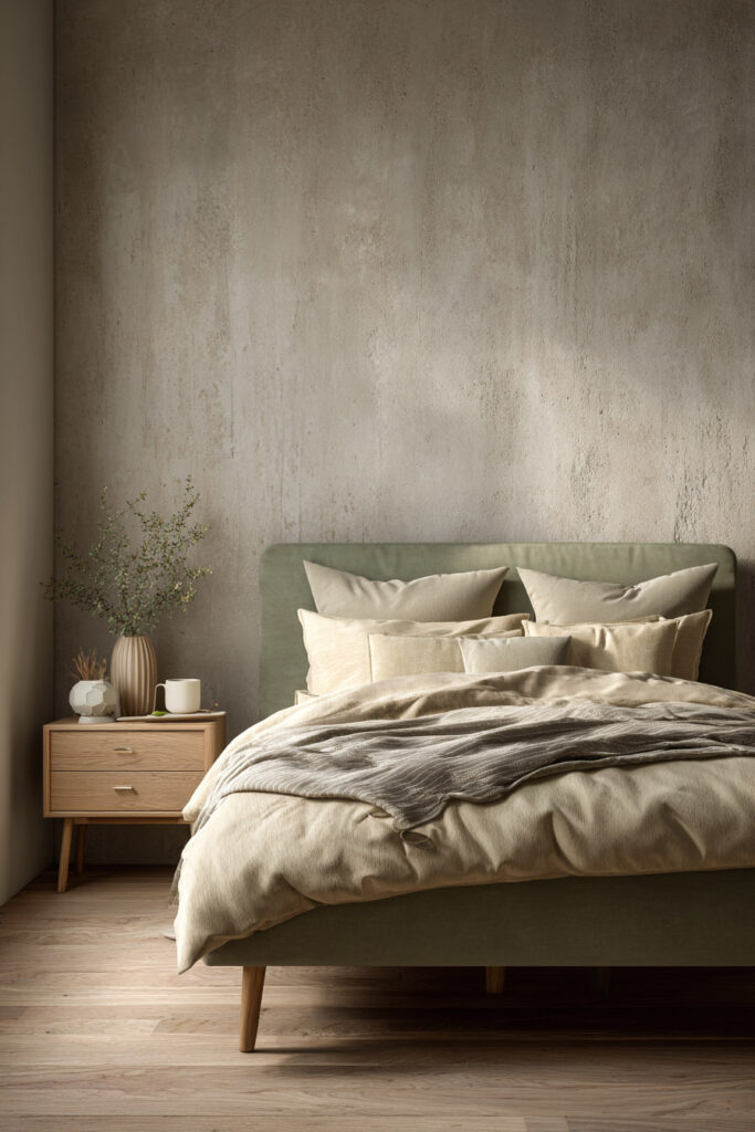 Neutral sage green bedroom with linen bedding, light wood nightstand, and textured plaster wall for a warm minimalist look.