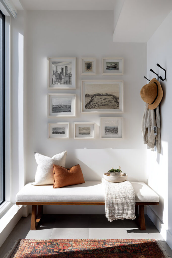 Bright corner bench with neutral gallery wall of sketches and cityscapes, rust and cream pillows, woven hat hooks, and sunlight streaming through large window.
