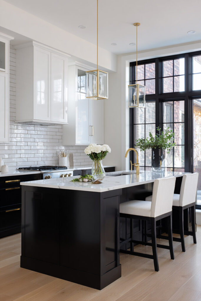 Sophisticated black and white kitchen featuring a black island with white marble countertops, gold pendant lights, brass fixtures, and subway tile backsplash.