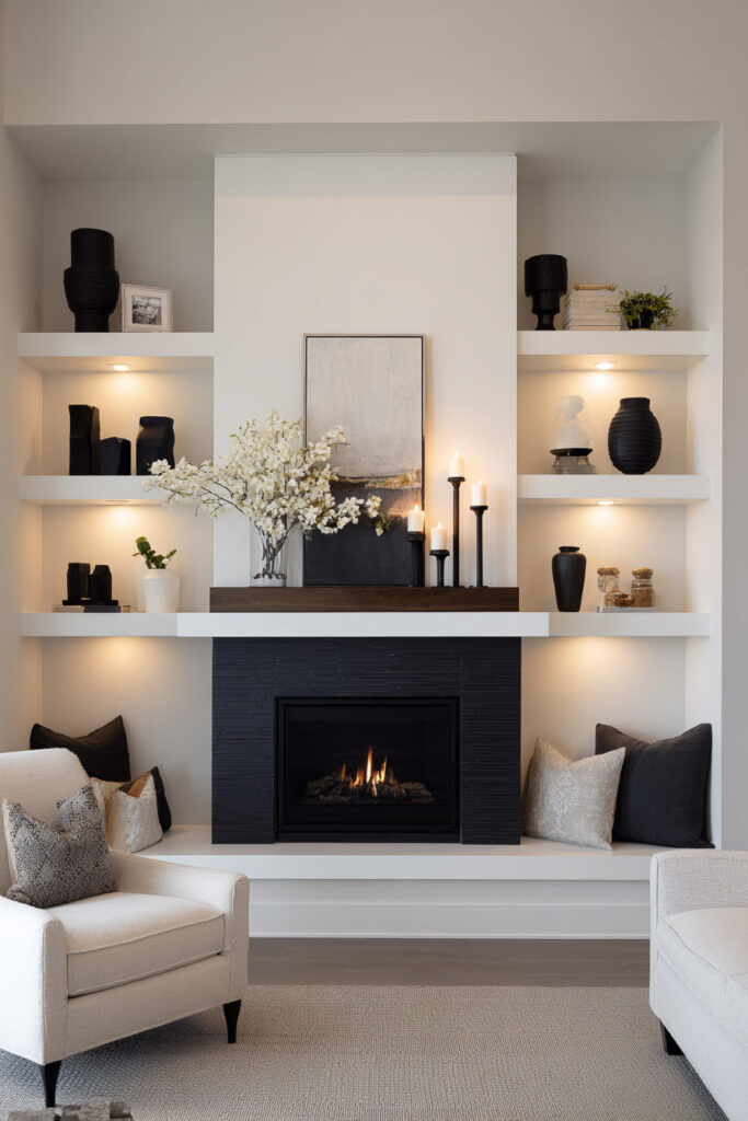 Black and white living room with black tile fireplace, built-in white shelves styled with monochrome ceramics, candles, and neutral armchairs on a light woven rug.