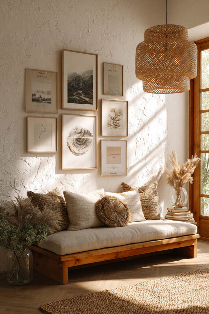 Boho-inspired sitting area with a neutral gallery wall in wood frames, rattan pendant light, natural wood bench, textured pillows, and dried floral decor.