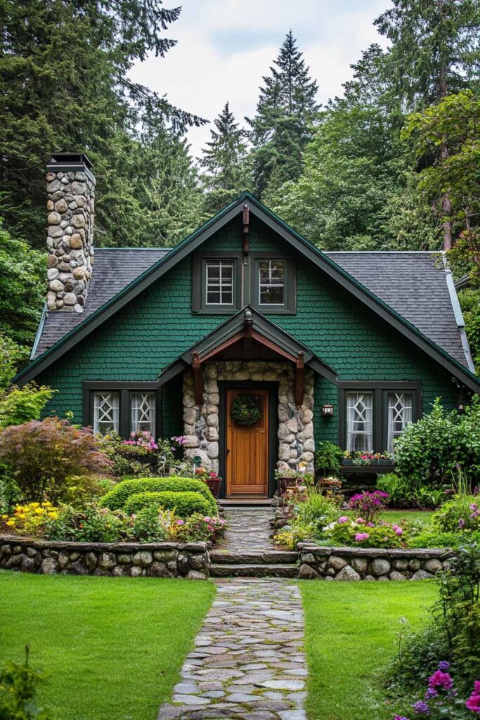 Dark green cottage with stone chimney, wood front door, shingle siding, and lush garden landscaping surrounded by evergreen trees.