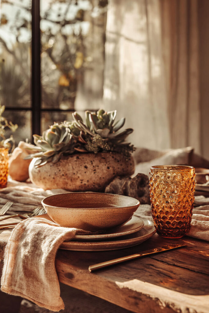 Rustic dining table with succulent centerpiece, amber glass, and earthy tableware in warm natural sunlight.