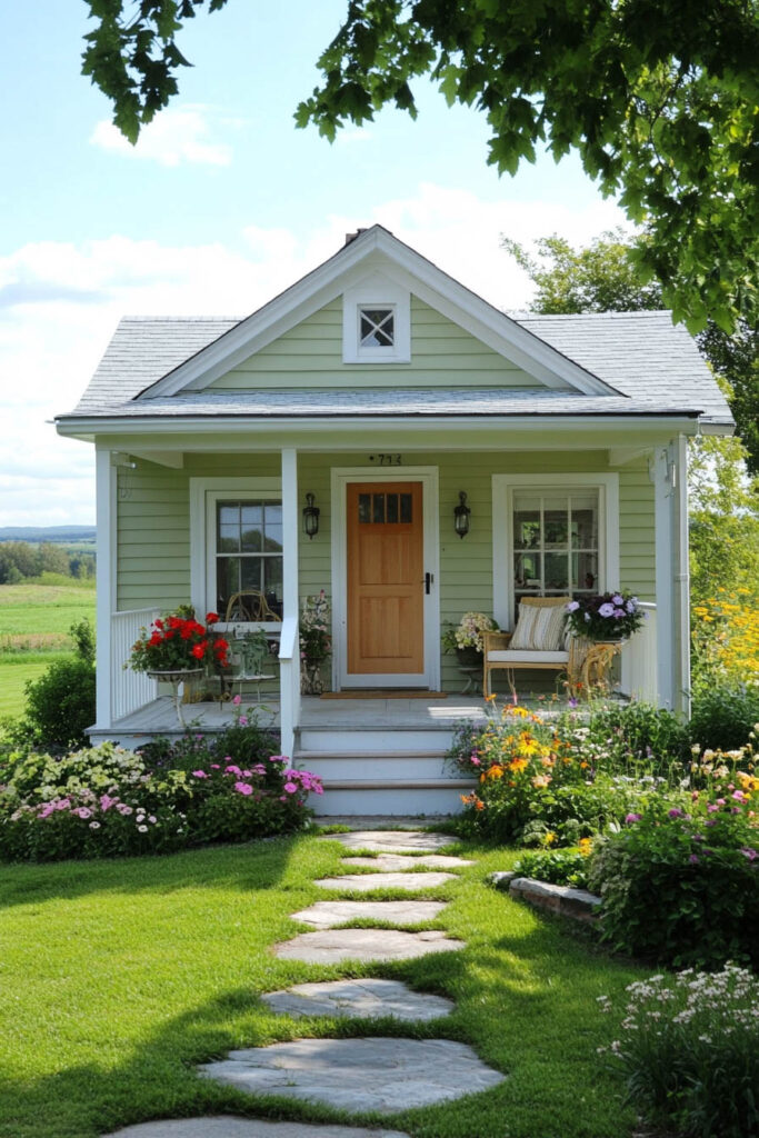 Light green cottage with white trim, wood front door, stone pathway, and colorful flower garden creating a cozy farmhouse-style exterior.