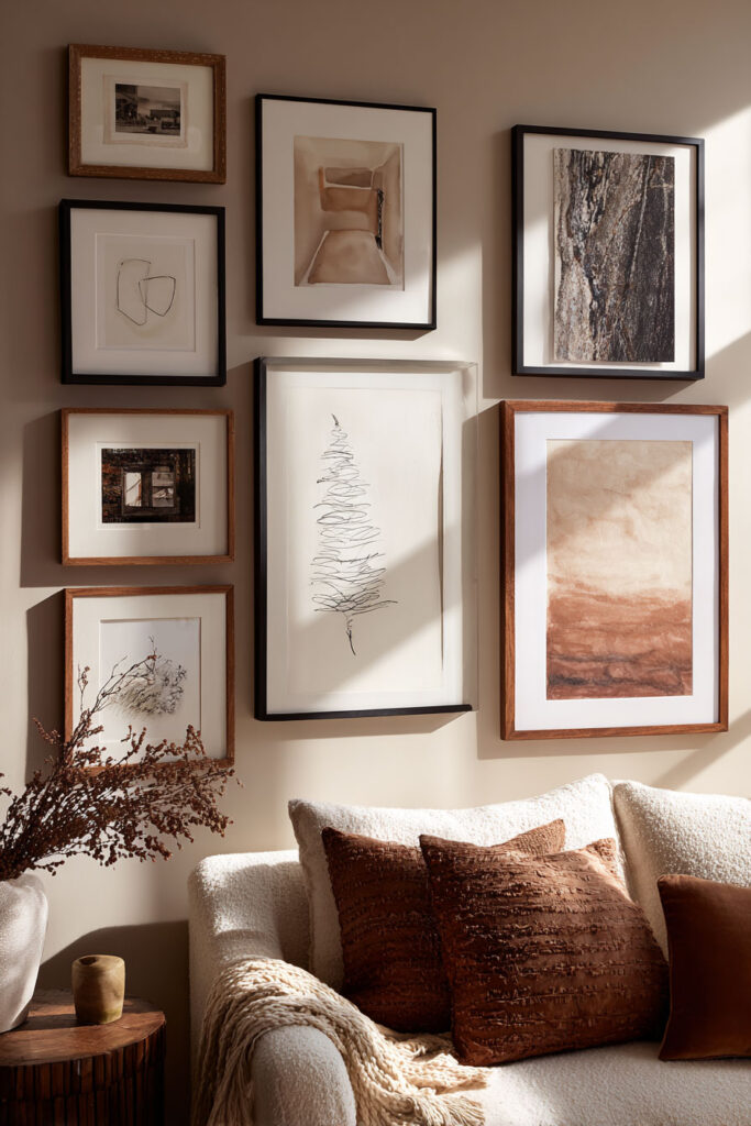 Warm neutral living room with mixed-frame gallery wall, abstract and textured art, boucle sofa, and rust-toned pillows.