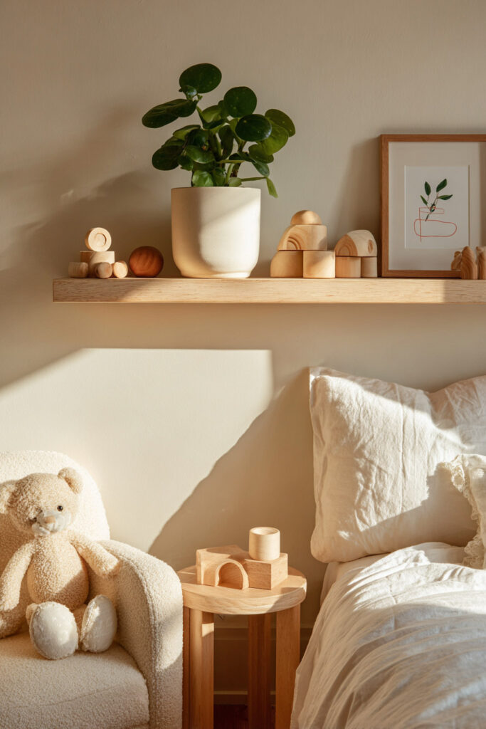 Neutral kids bedroom with wooden toys, teddy bear, floating shelf, and small pilea indoor plant in natural sunlight.