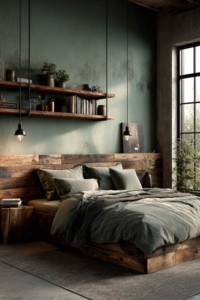A stylish sage green bedroom featuring a reclaimed wood bed frame, rustic shelves with decor and books, hanging pendant lights, and a large industrial-style window letting in natural light.