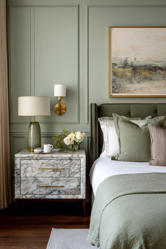 Elegant sage green bedroom with marble nightstand, gold lighting, and soft layered bedding for a refined modern look.