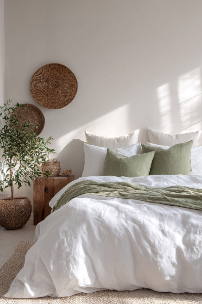 Scandinavian-inspired bedroom with sage green pillows, white linen bedding, and natural woven decor creating a light and calming space.