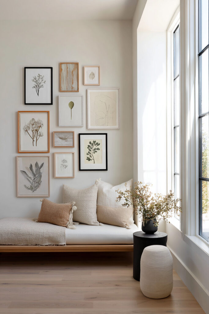 Bright neutral nook with mixed wood and black frames, botanical art prints, and cozy bench seating under natural window light.