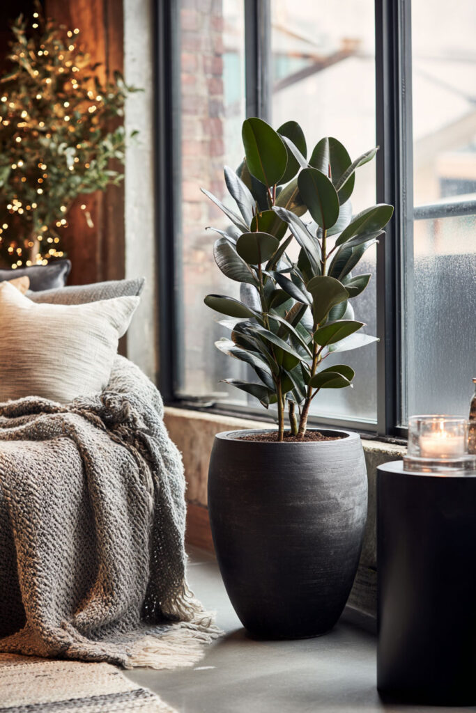 Cozy modern living room with rubber plant in black pot, soft gray throw, neutral pillows, and warm candlelight by large windows.