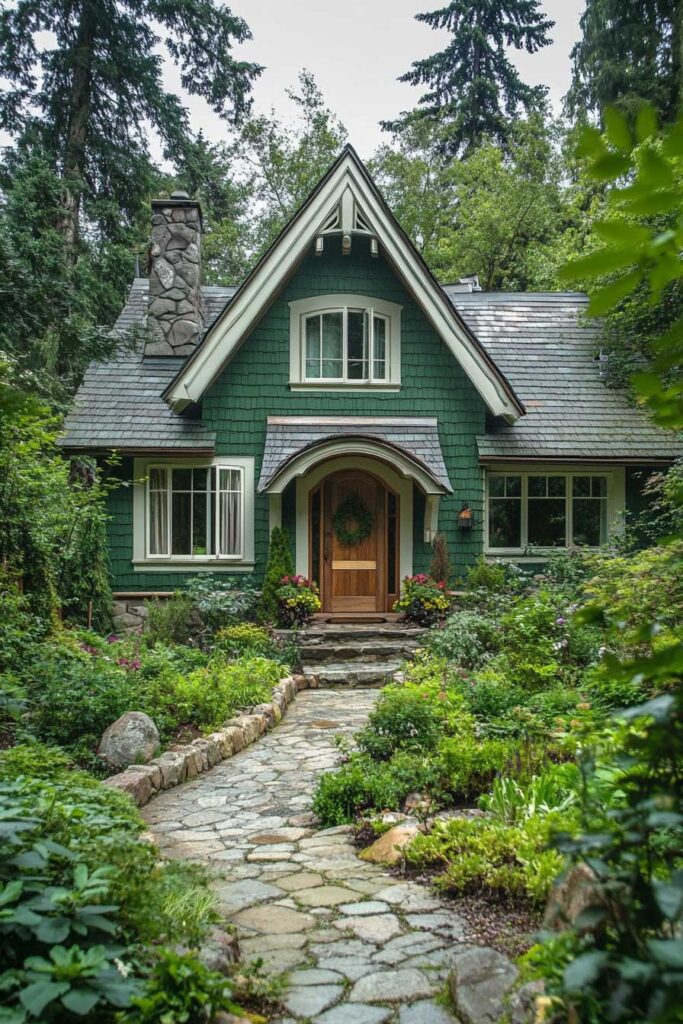 Forest green cottage with wood arched door, stone chimney, and lush garden landscaping along a curved stone pathway in a wooded setting.
