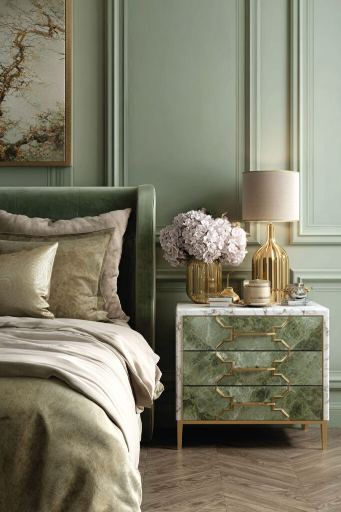 Luxurious sage green bedroom with velvet bedding, marble nightstand, and gold accents for a chic, elegant aesthetic.