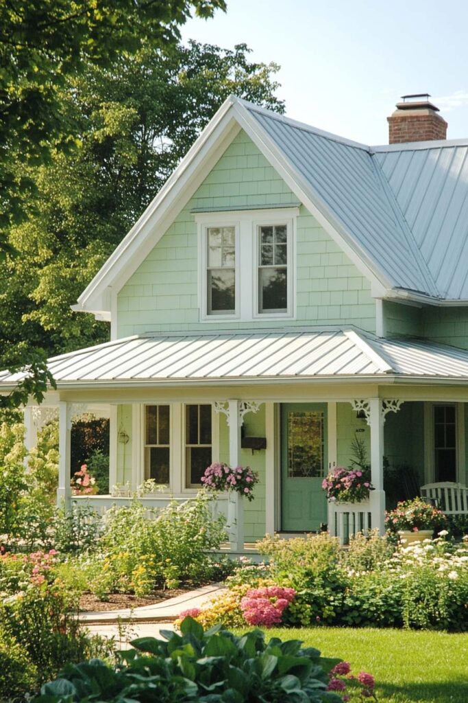 Mint green farmhouse with white trim, wraparound porch, metal roof, and vibrant flower garden in full bloom.