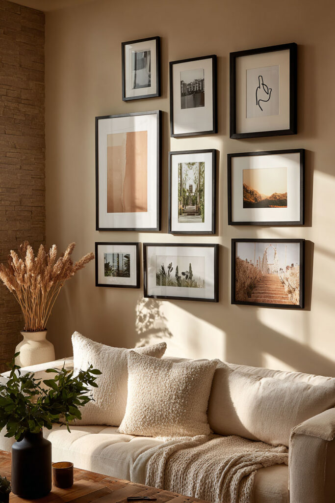 Warm neutral living room with a modern gallery wall of black frames displaying mixed artwork, beige sofa with textured pillows, dried grass arrangement, and natural light.