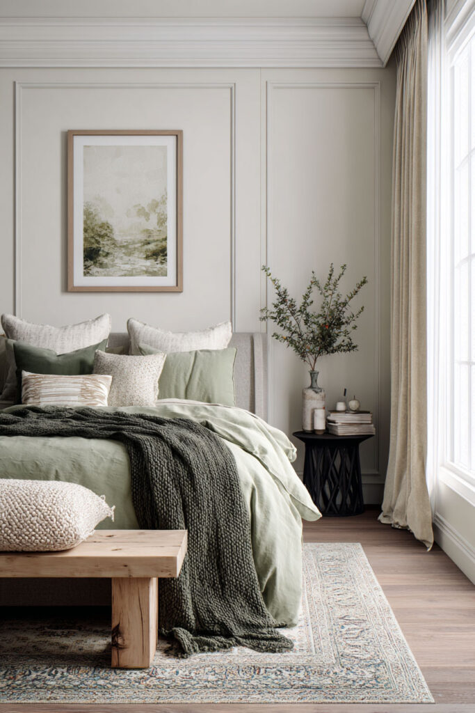 Sage green and neutral bedroom with layered bedding, textured throw, and minimal decor creating a cozy Scandinavian-inspired look.