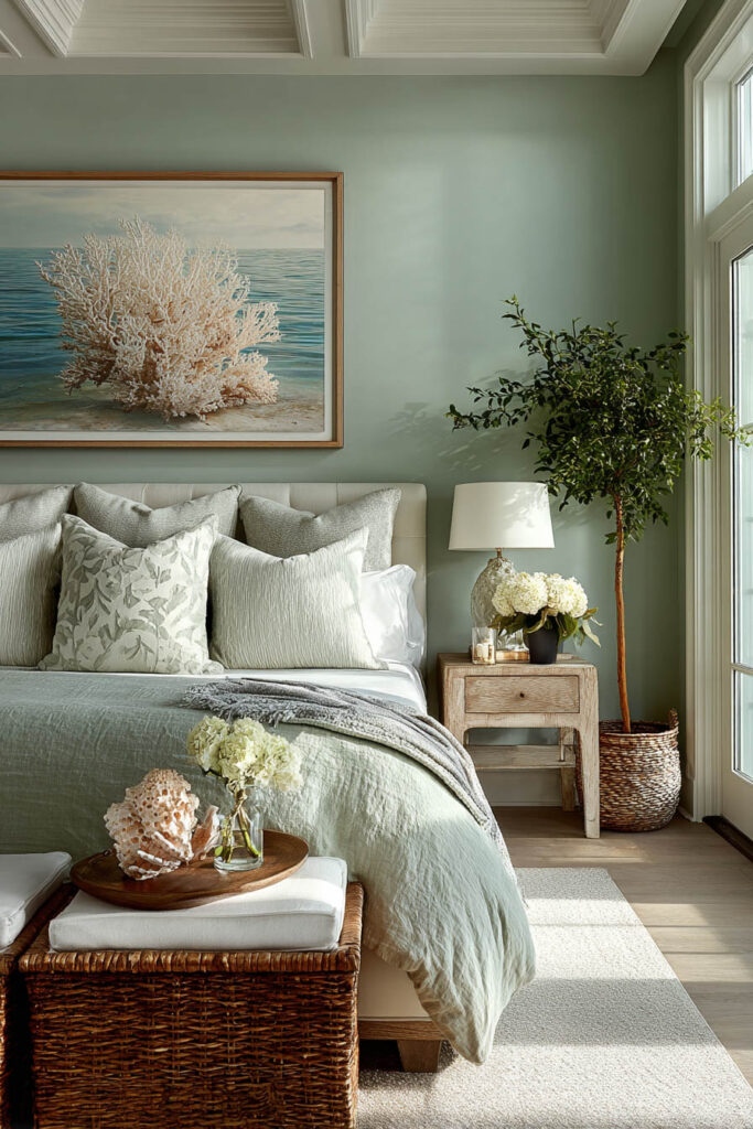 A bright sage green bedroom with a coastal theme, featuring ocean artwork, linen bedding, woven baskets, and fresh flowers beside a large window with natural light streaming in.