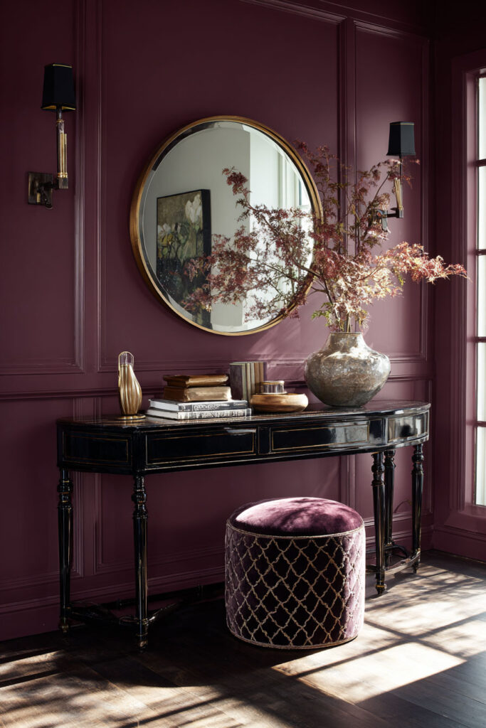 Bold plum entryway with black console table, round gold mirror, velvet stool, and soft moody lighting creating a rich, dramatic atmosphere.