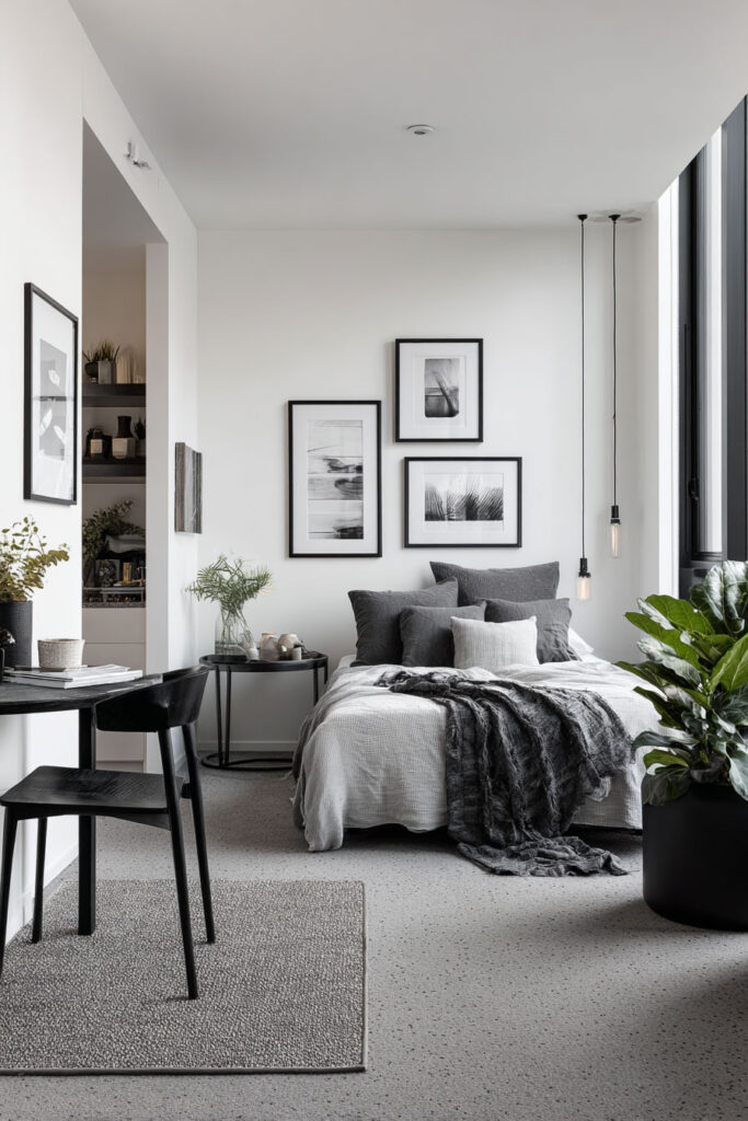 Minimalist gray and white bedroom with layered bedding, black-framed artwork, and soft natural light creating a serene, modern aesthetic.