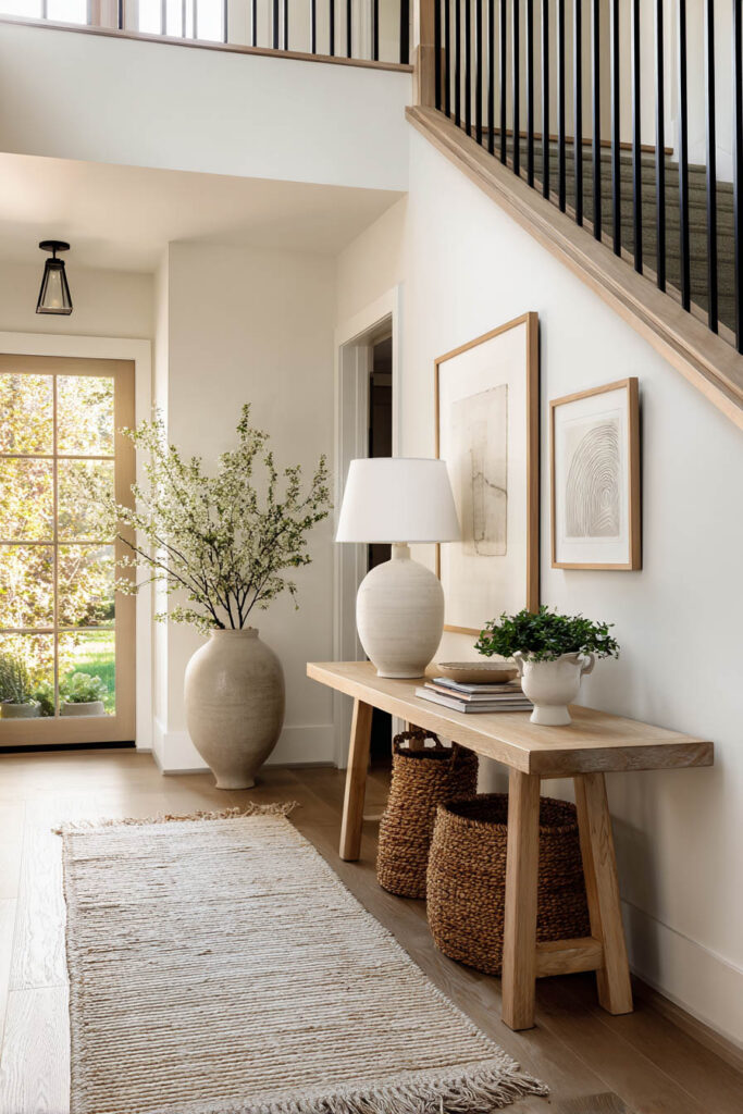 Neutral entryway design with light wood console, woven baskets, minimalist artwork, and ceramic vases in a warm, natural color palette.
