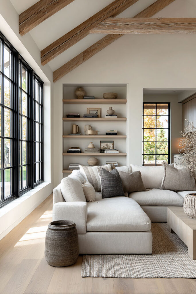 Neutral modern living room with beige sectional sofa, black-framed windows, wooden ceiling beams, and built-in shelves styled with pottery and books.