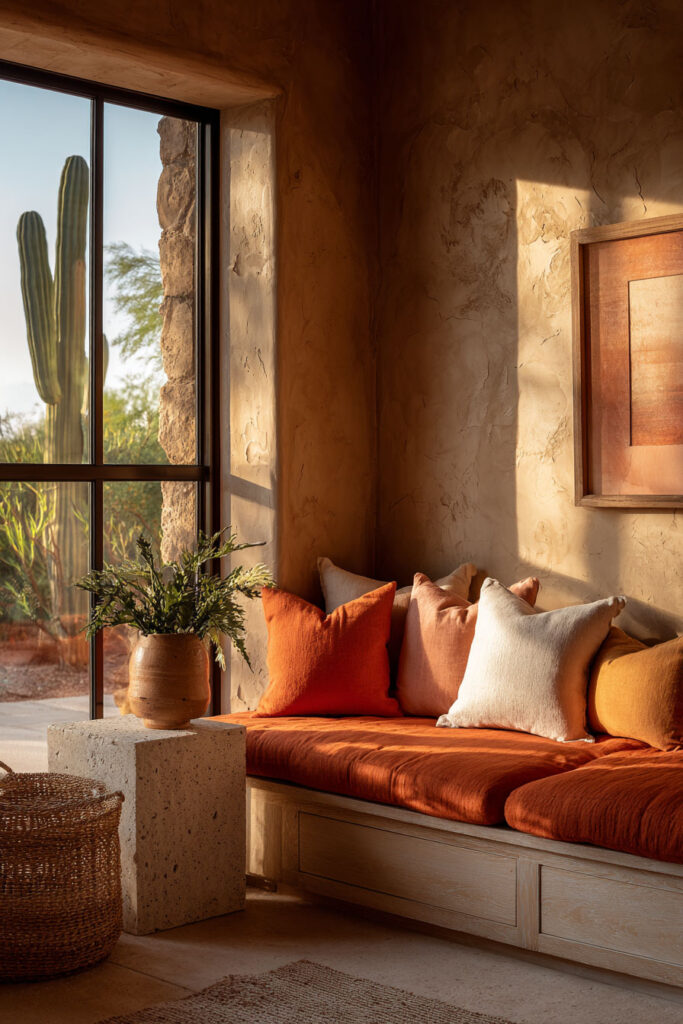 Warm desert-inspired nook with terracotta cushions, plaster walls, cactus view, and natural sunlight creating a cozy, earthy atmosphere.