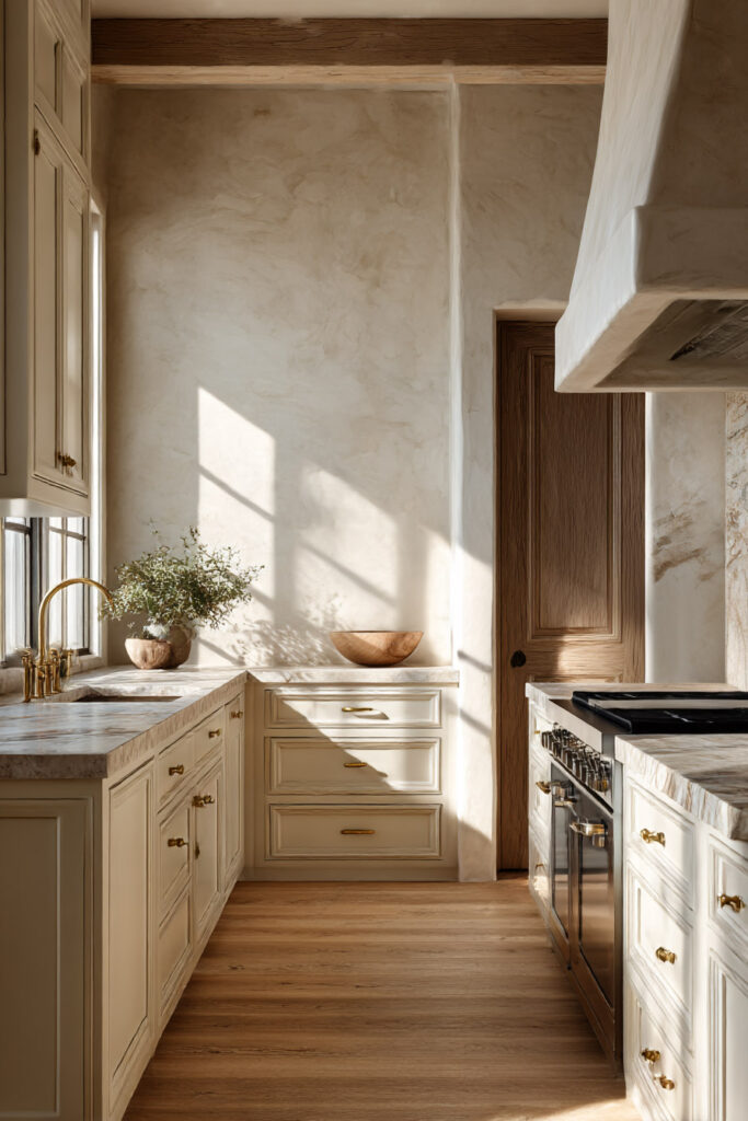 Warm neutral kitchen with plaster walls, cream cabinetry, brass hardware, marble countertops, wood accents, and natural sunlight casting soft shadows.