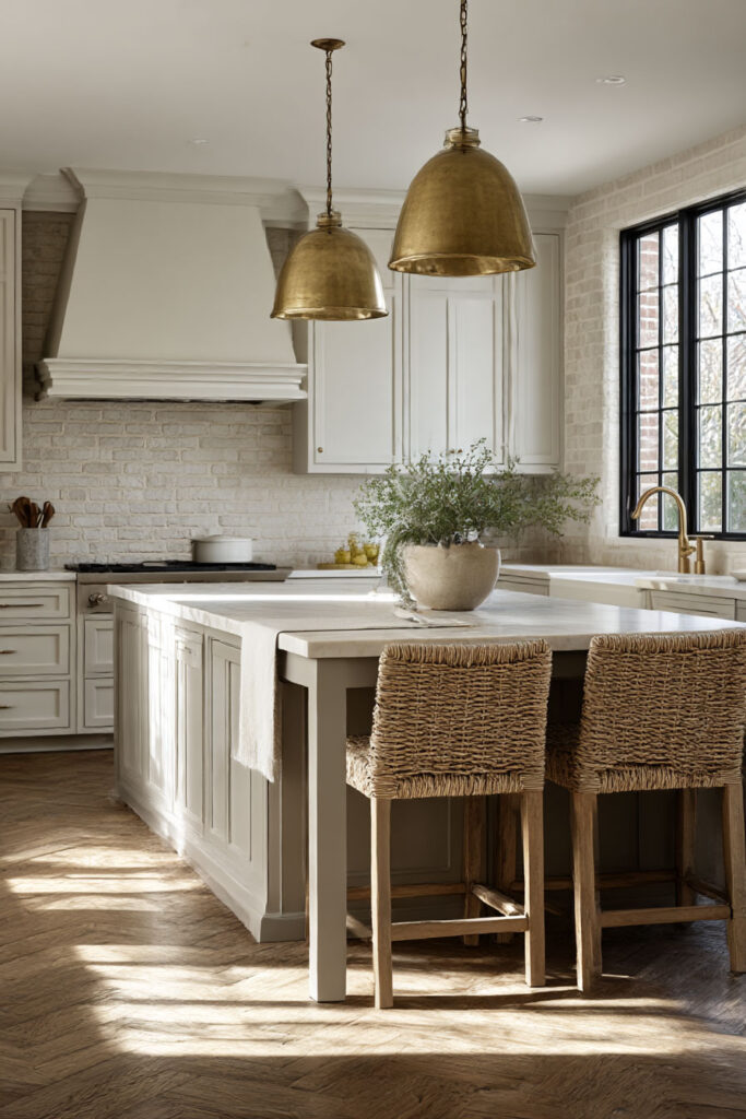 Warm neutral kitchen with taupe cabinets, brass dome pendant lights, woven counter stools, brick backsplash, and herringbone wood floors.