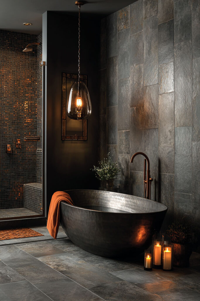 Moody bathroom with slate tile walls, hammered metal bathtub, copper fixtures, and warm candlelight for a luxurious spa-like feel.