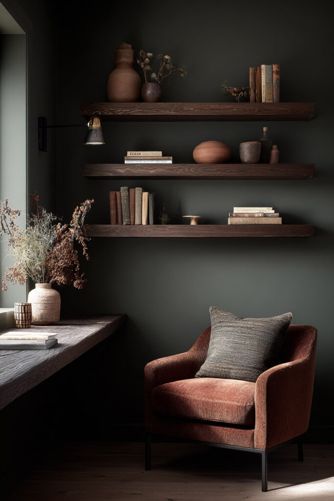 Dark earthy reading nook with a rust velvet armchair, dark wood shelves, ceramic vases, and dried botanicals for a cozy organic look.