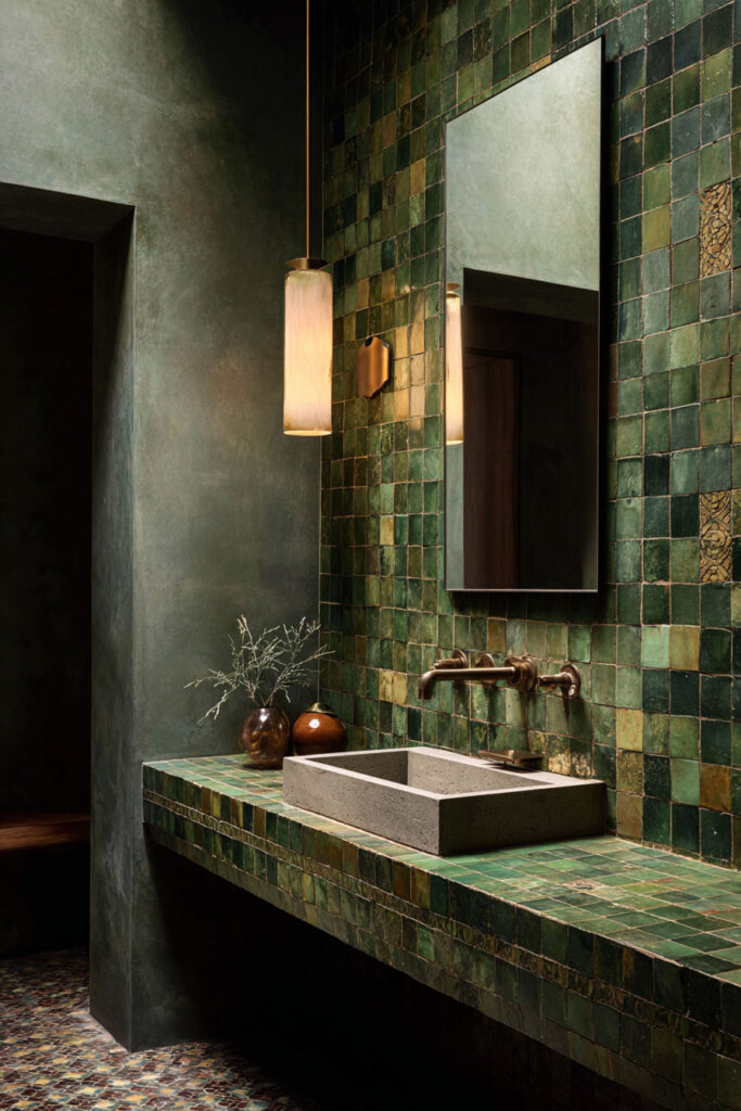 Moody green bathroom with zellige tile walls, stone sink, bronze fixtures, and organic earthy decor.