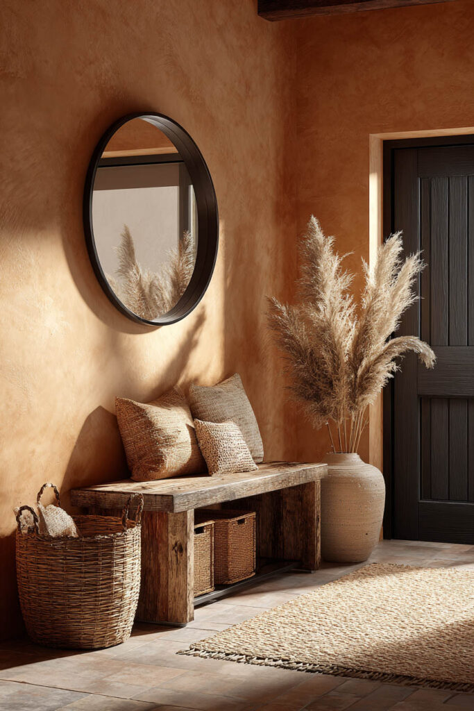 Earthy entryway with terracotta walls, rustic wood bench, woven baskets, and pampas grass styled in a warm natural color palette.