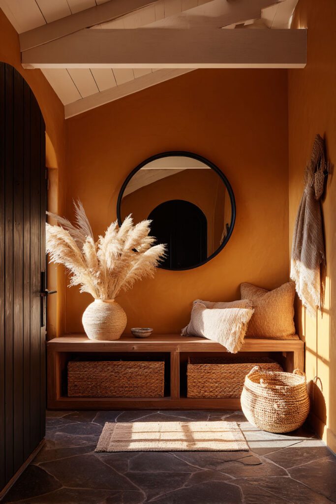 Terracotta entryway with black mirror, pampas grass, woven textures, and warm natural light creating an earthy organic style.