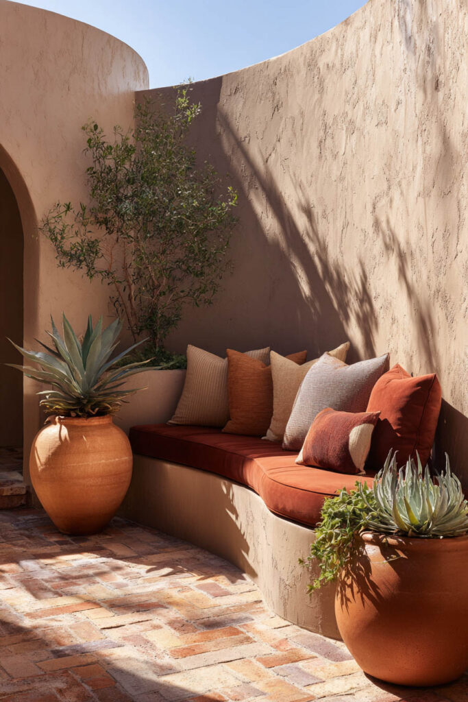 Warm desert outdoor nook with curved stucco walls, terracotta planters, agave plants, and rust-toned bench cushions in natural sunlight.