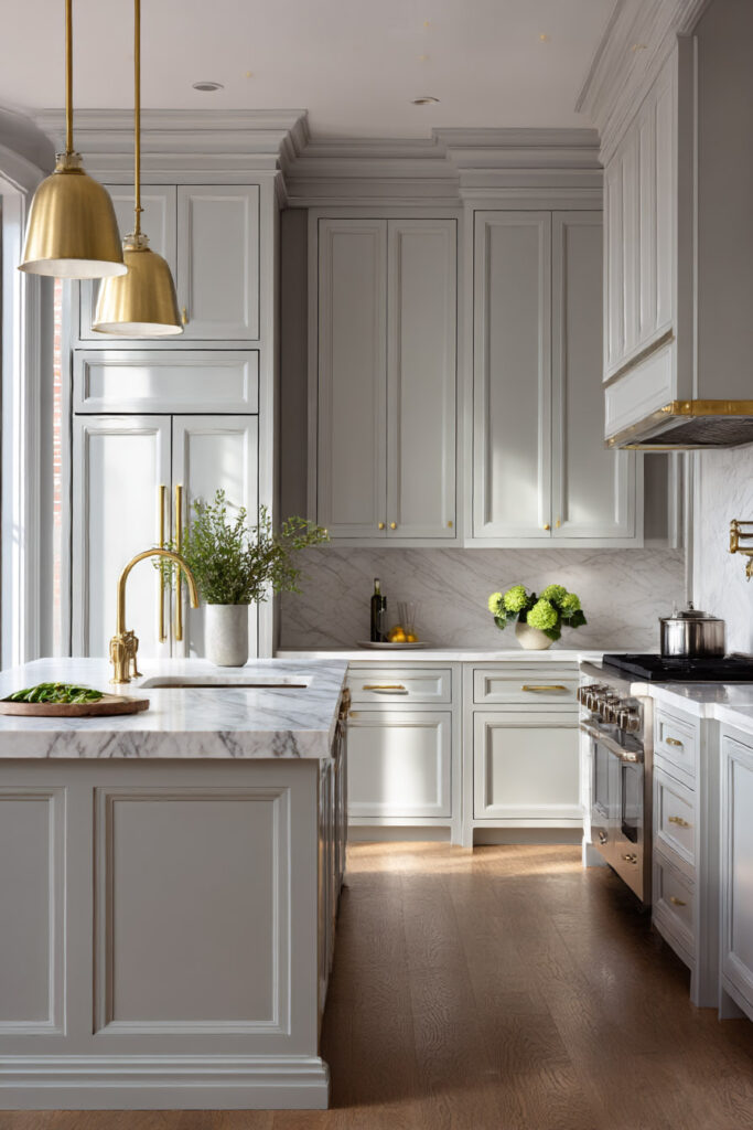 Warm neutral kitchen with marble countertops, brass fixtures, pendant lights, paneled cabinets, crown molding, and soft natural light.