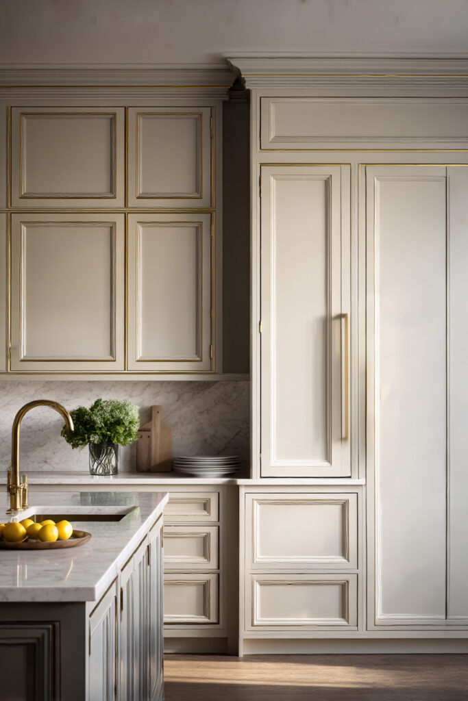 Warm neutral kitchen with paneled cabinetry, brass hardware, marble countertops, and brass faucet.