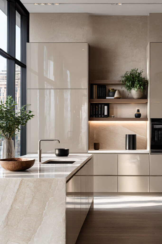 Modern warm neutral kitchen with high-gloss cabinets, stone countertops, open shelving, large windows, and minimalist décor.