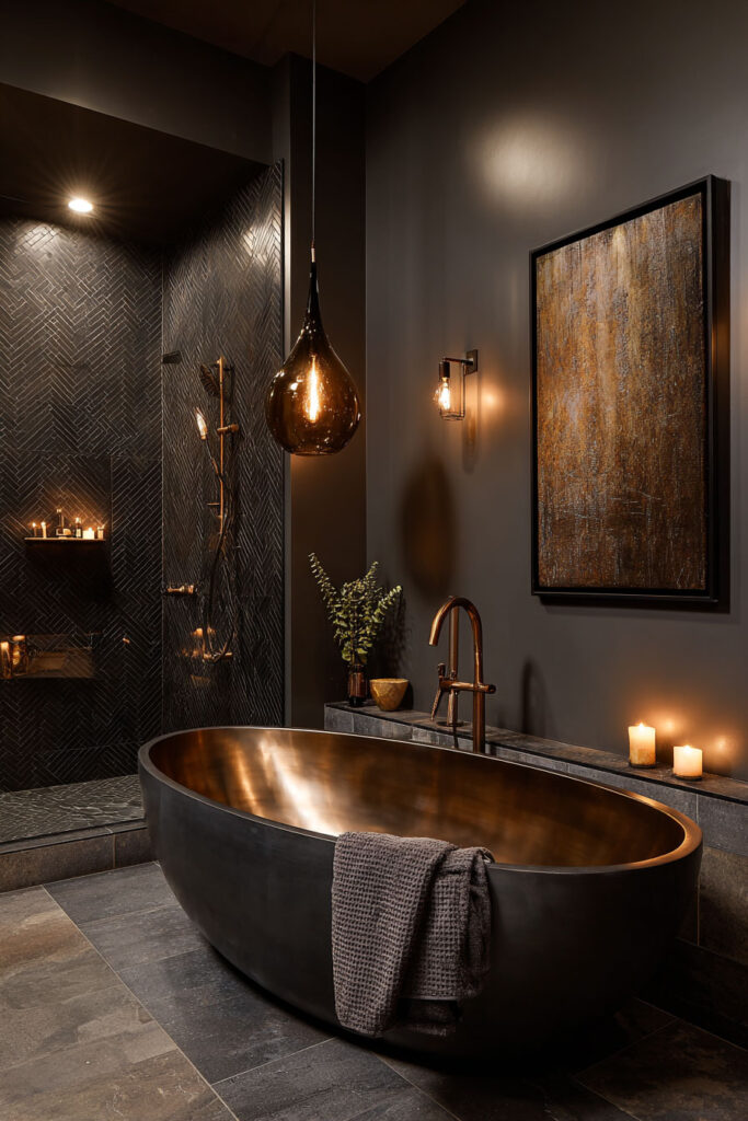 Moody luxury bathroom with black and copper tub, herringbone tile shower, warm lighting, and candles creating a spa-like atmosphere.