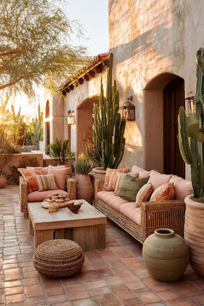 Desert-inspired outdoor patio with terracotta tiles, rattan sofas, earthy cushions, cacti, and soft golden sunlight creating a warm, rustic feel.