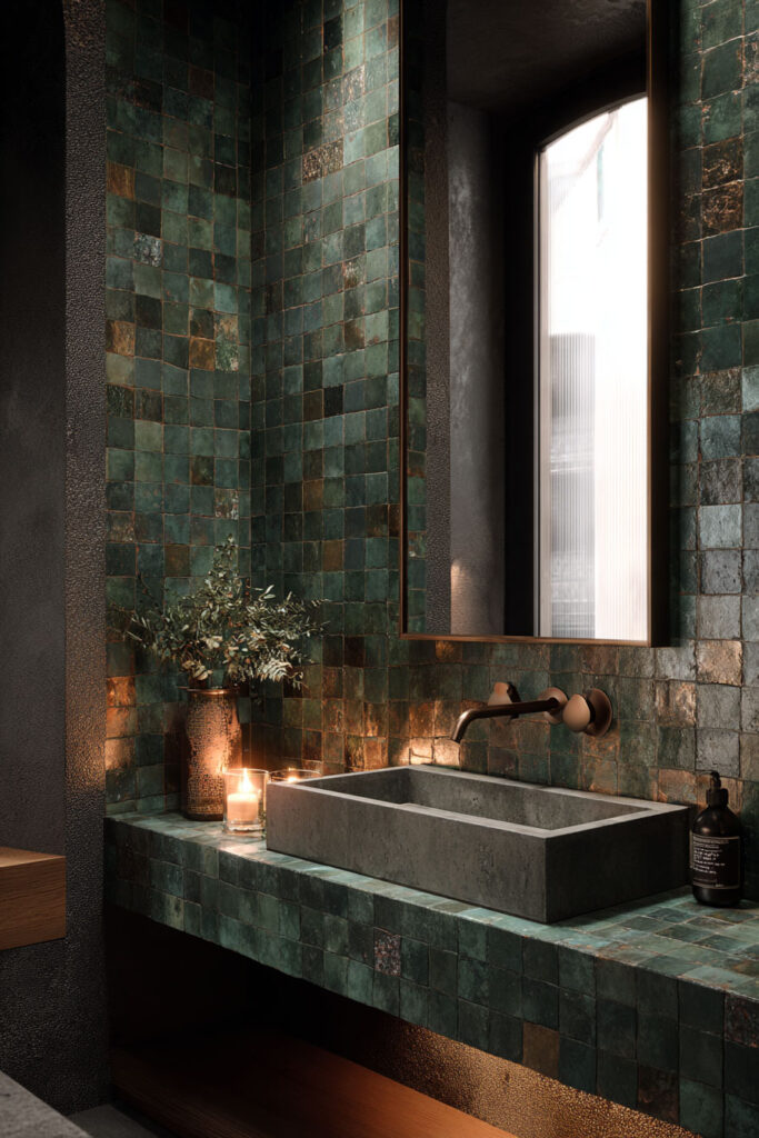 Moody bathroom with green zellige tile walls, stone sink, bronze fixtures, and candlelight creating an earthy spa-like atmosphere.