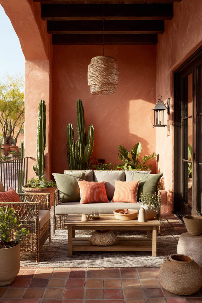 Terracotta patio with olive green cushions, wicker furniture, potted cacti, and natural clay accents in warm sunlight.